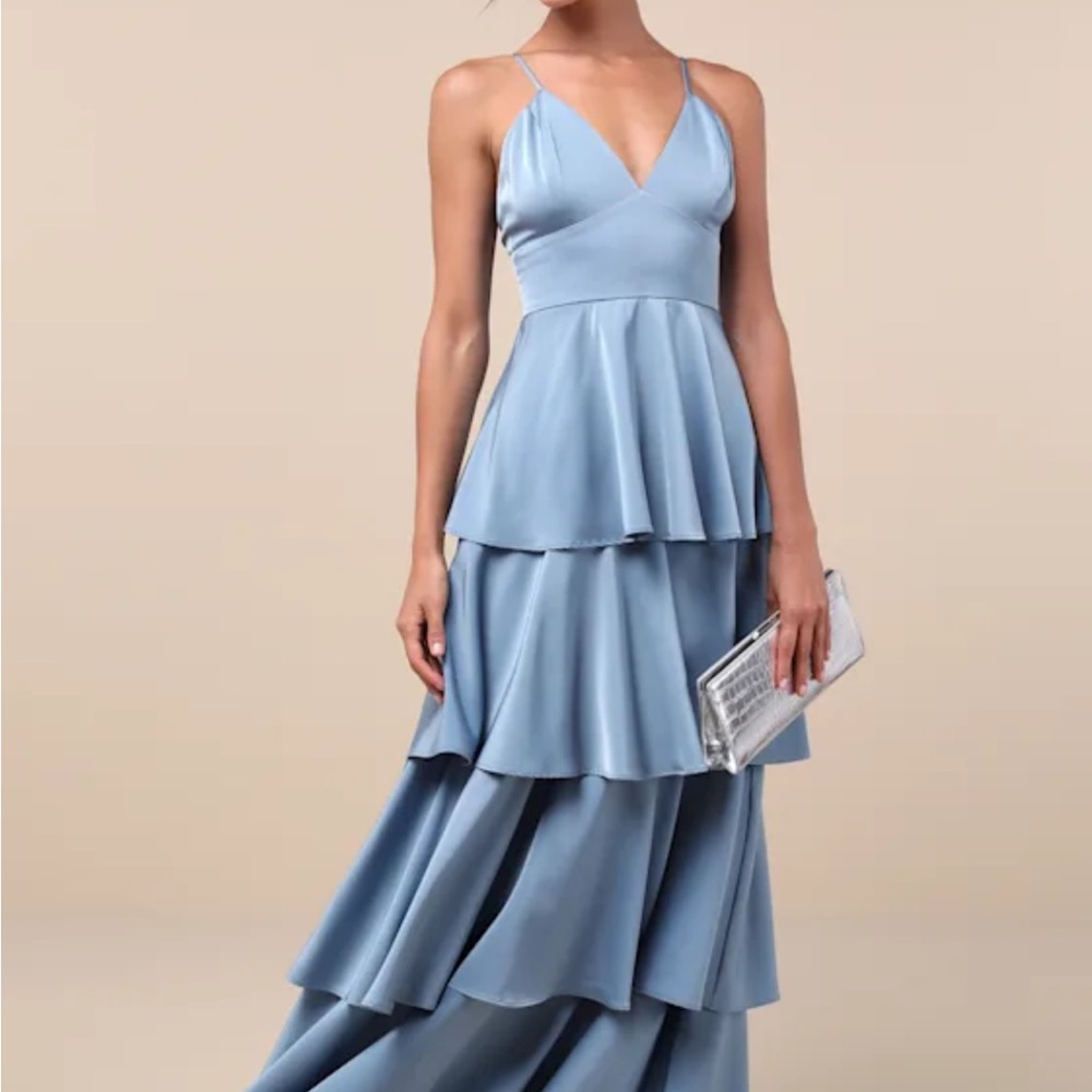 Lulus Going with Elegance Slate Blue Satin Tiered Gown